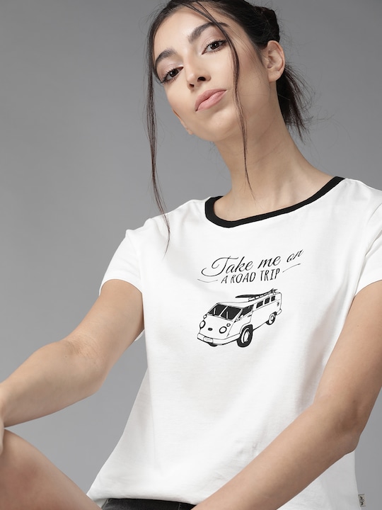 Roadster Women Pure Cotton Printed Round Neck T-shirt