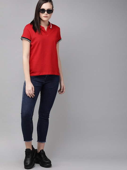 Roadster Women Solid Polo Collar T-shirt