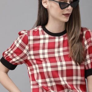 Roadster Women Checked Top With Puff Sleeves