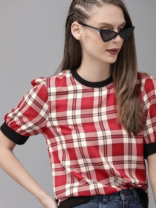 Roadster Women Checked Top With Puff Sleeves