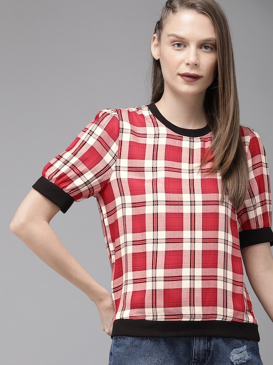 Roadster Women Checked Top With Puff Sleeves