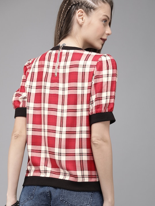 Roadster Women Checked Top With Puff Sleeves