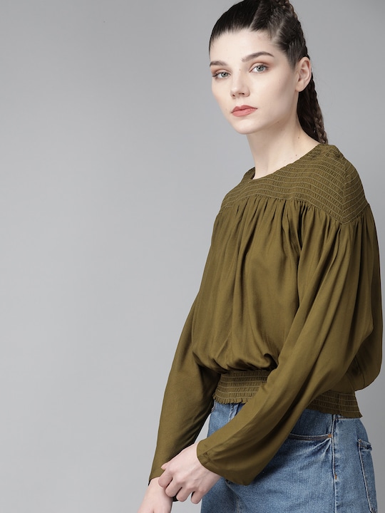 Roadster WomenPuff Sleeves Smocked Solid Top