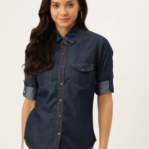 ANTS Women Smart Regular Fit Solid Casual Denim Shirt