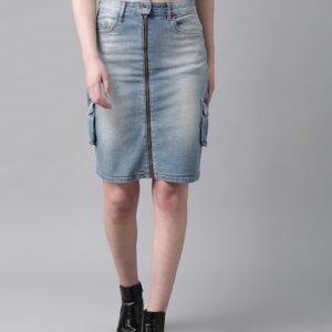 Roadster The Lifestyle Co Women Blue Washed Denim Straight Skirt