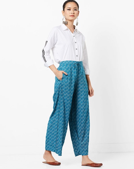 RANGRITI Mid-Rise Printed Palazzos with Drawstring Waist