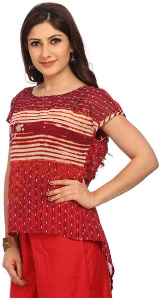 BIBA Cherry & Red Straight Poly Cotton Short Top