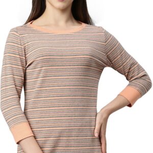 Enamor EA07 Long Cotton Women Striped Boat Neck Cotton Blend T-Shirt