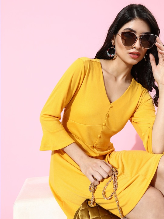 DressBerry Mustard Yellow Solid A-Line Dress