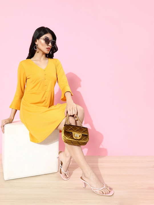 DressBerry Mustard Yellow Solid A-Line Dress