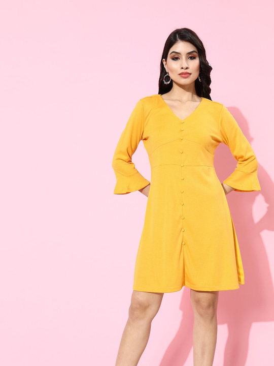 DressBerry Mustard Yellow Solid A-Line Dress