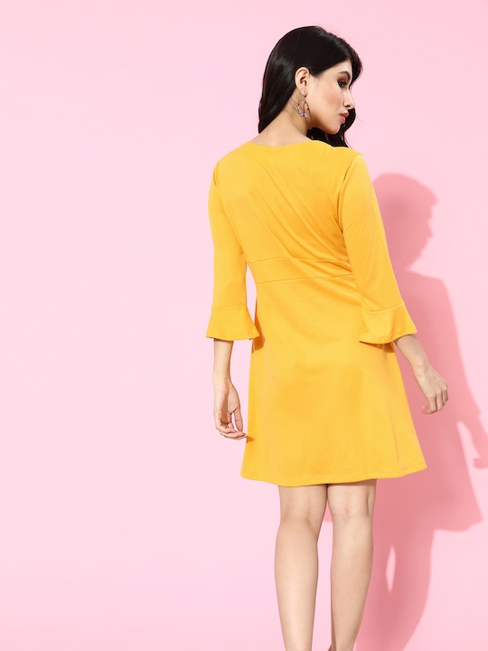 DressBerry Mustard Yellow Solid A-Line Dress