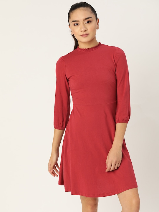 DressBerry Maroon Pure Cotton Solid A-Line Dress