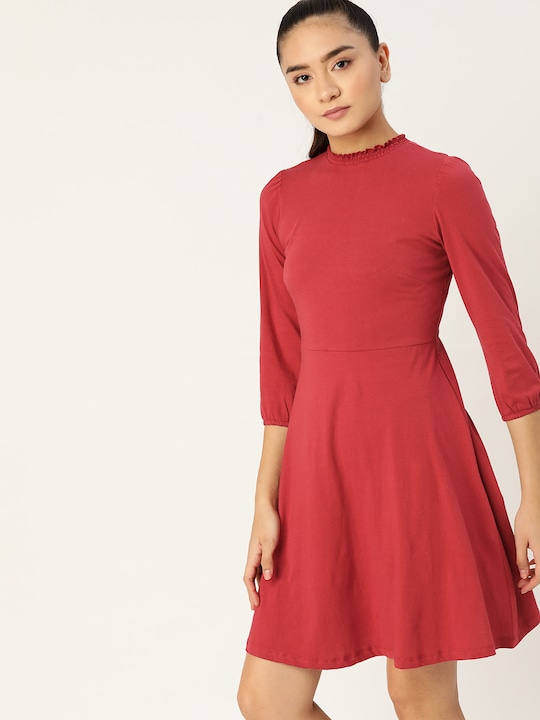 DressBerry Maroon Pure Cotton Solid A-Line Dress