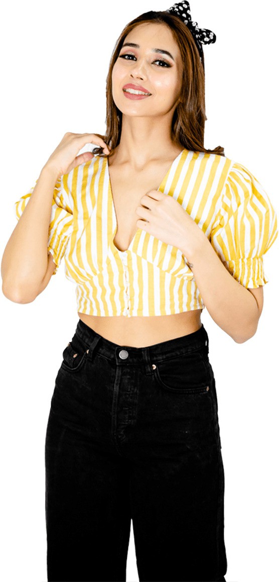 HERSHEINBOX Casual Puff Sleeves Striped Women Yellow Top