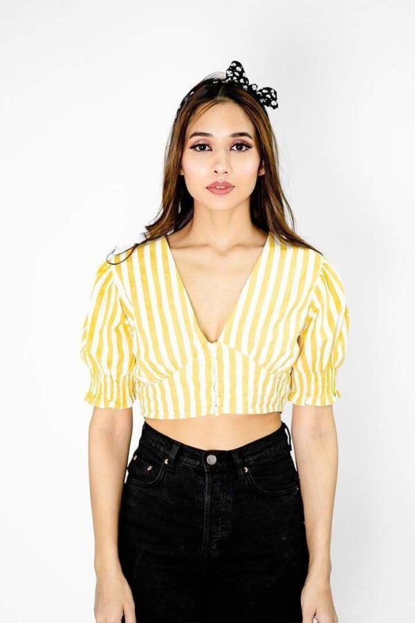 HERSHEINBOX Casual Puff Sleeves Striped Women Yellow Top