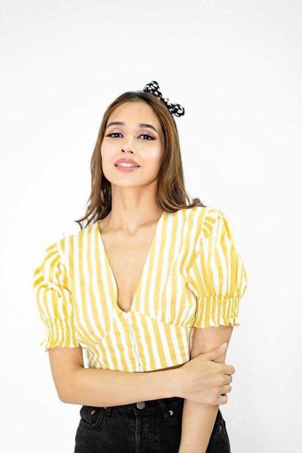 HERSHEINBOX Casual Puff Sleeves Striped Women Yellow Top