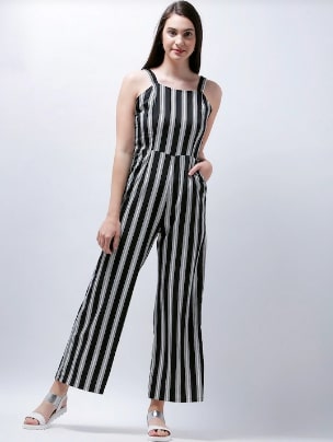 Zastraa Black & White Striped Culotte Jumpsuit