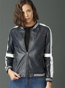 Roadster Women Navy Blue & White Solid Bomber