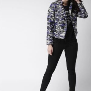 Mast & Harbour Women Grey & Blue Printed Biker Jacket