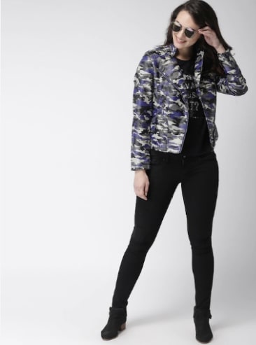 Mast & Harbour Women Grey & Blue Printed Biker Jacket