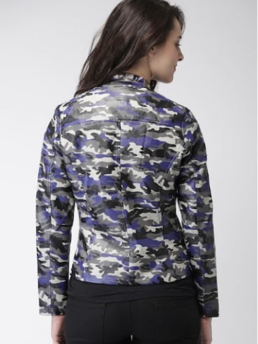 Mast & Harbour Women Grey & Blue Printed Biker Jacket