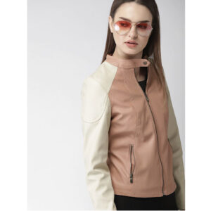 Harvard Women Pink & Off-White Solid Biker Jacket