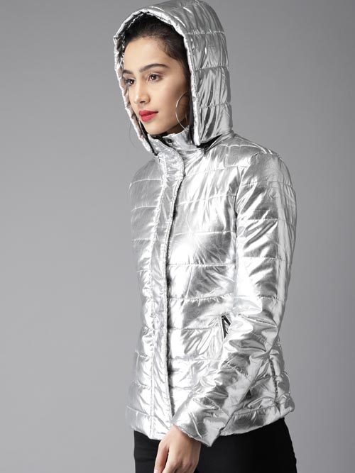 Moda Rapido Women Silver-Toned Solid Padded Jacket