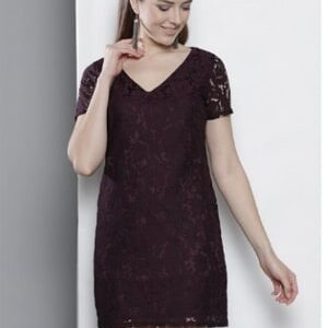 DOROTHY PERKINS Women Petite Wine-Coloured Lace Sheath Dress