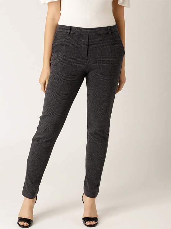 ESPRIT Women Charcoal  grey Regular Fit Checked Trousers