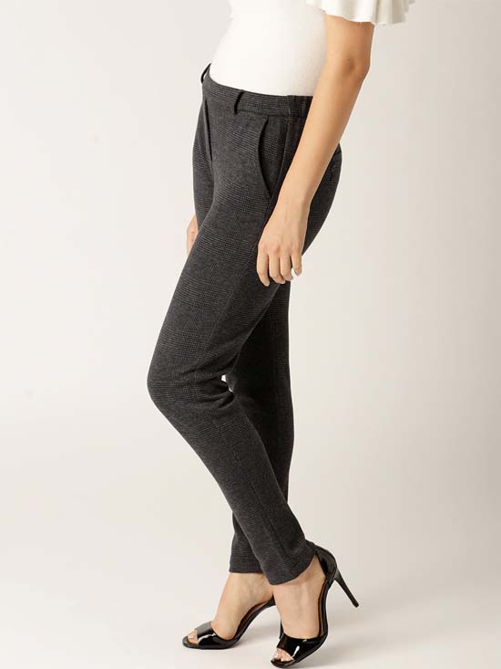 ESPRIT Women Charcoal  grey Regular Fit Checked Trousers