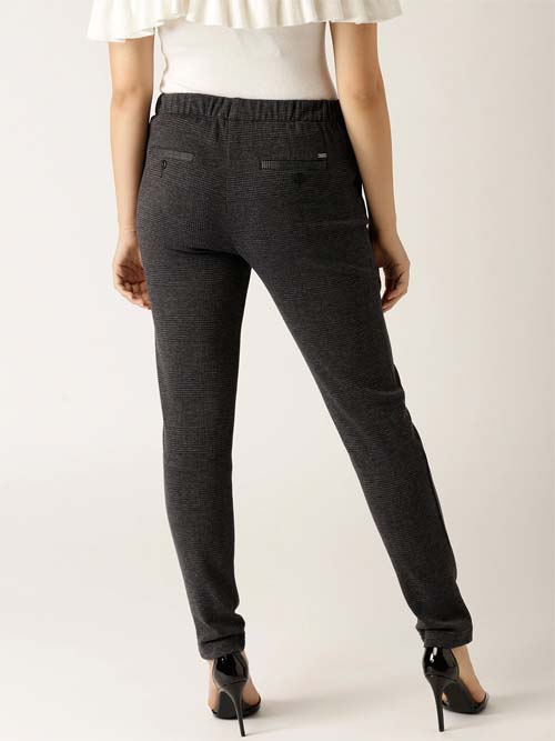 ESPRIT Women Charcoal  grey Regular Fit Checked Trousers