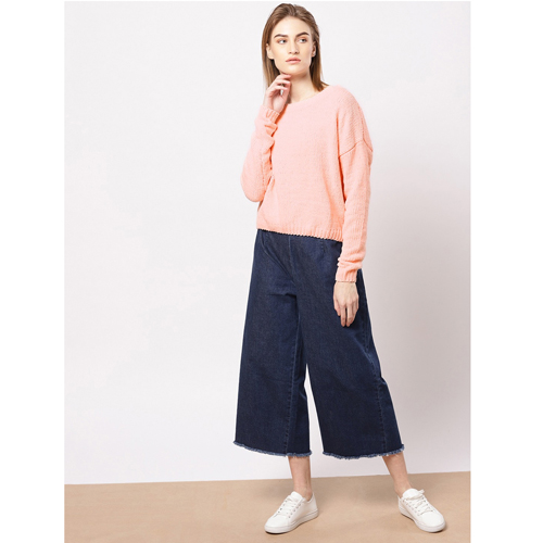 ether Women Peach-Coloured Solid Sweater