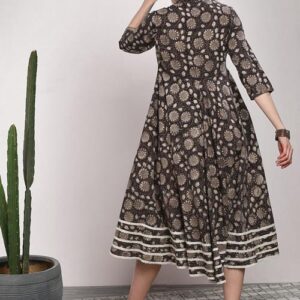 Sangria Women Brown Handblock Kalamkari Printed A-Line Midi Dress