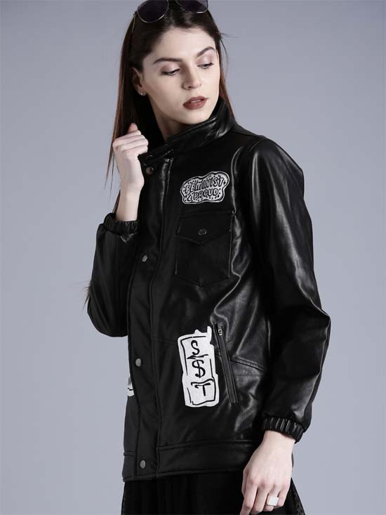 Kook N Keech Women Faux Leather Applique Detail Biker Jacket